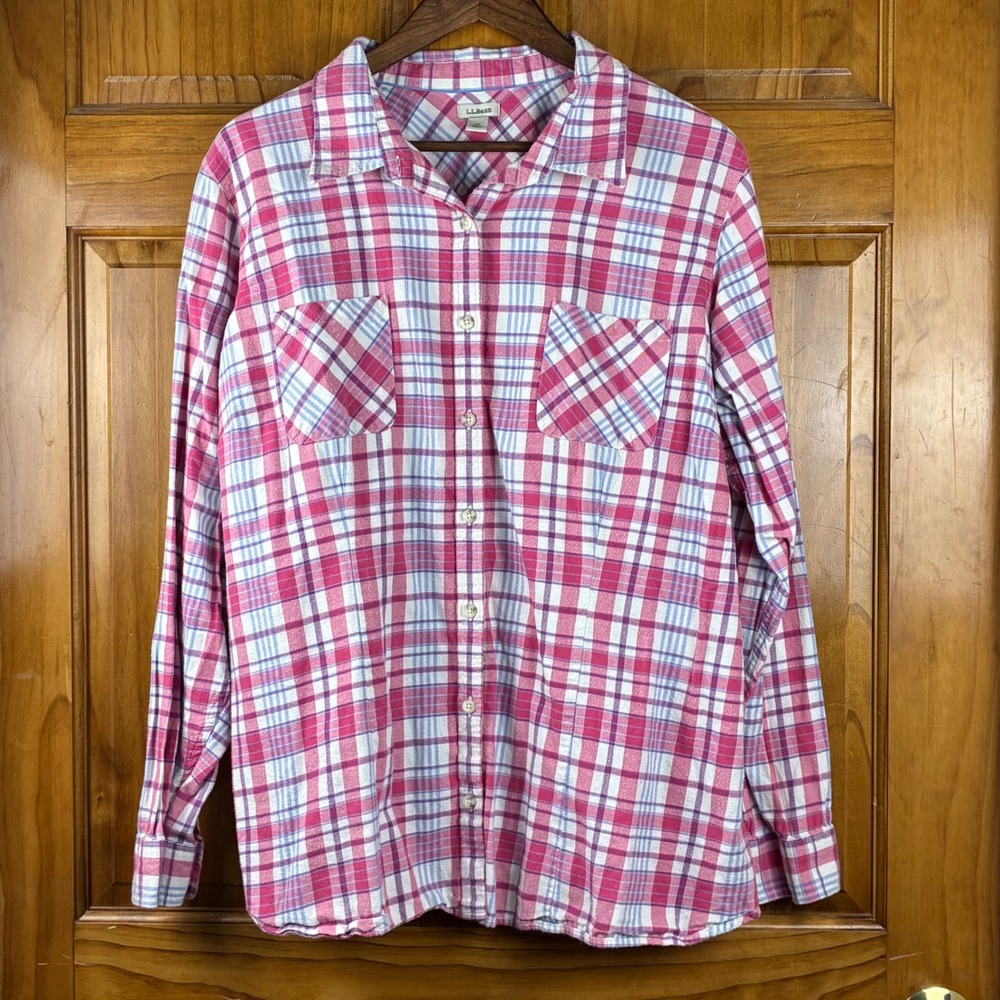 LL Bean Womens 2X Pink Plaid Flannel 100% Cotton Button Down Shirt Long Sleeve